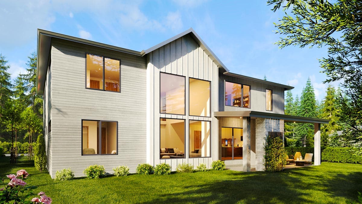House plan exterior. Two-story modern home with vertical siding, board-and-batten gable, and large windows.