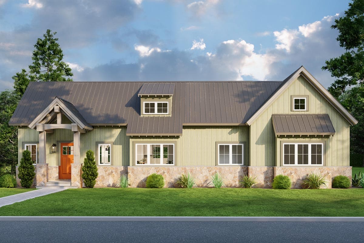 Modern Farmhouse house plan exterior with gabled rooflines, dormers, stone foundation, and covered entry.