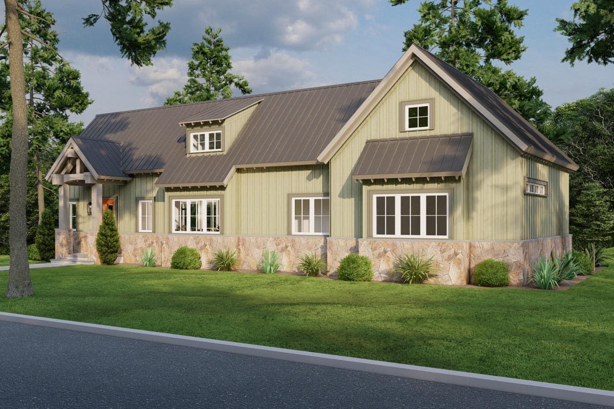 Modern Farmhouse house plan exterior with metal roof, stone base, gables, dormers, and covered entry.