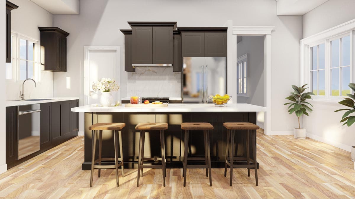 Kitchen rendering with dark cabinets, central island with seating, stainless steel appliances, and natural wood flooring.