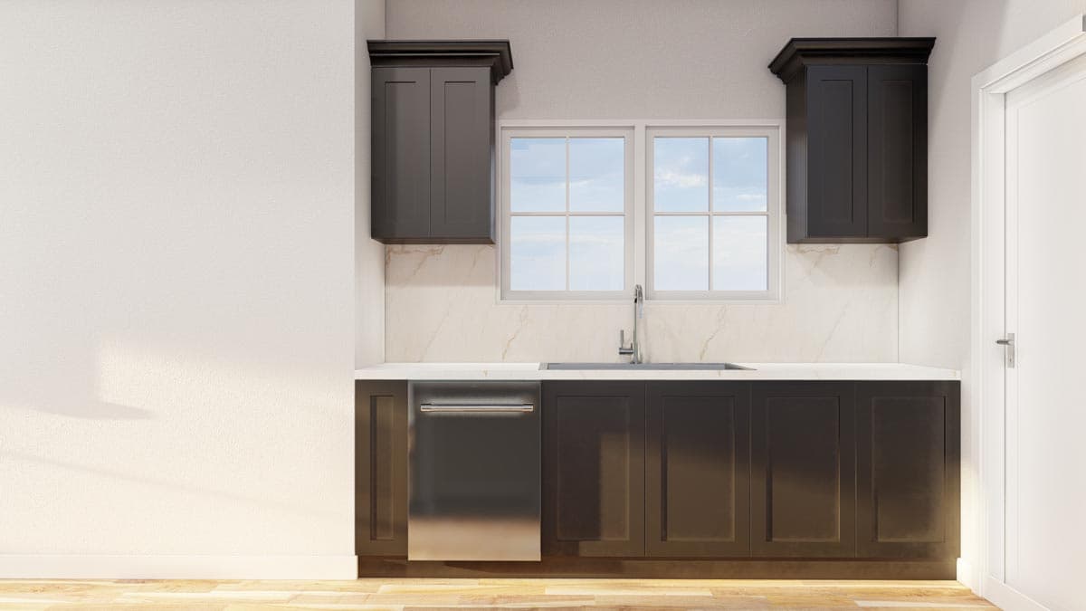 Kitchen area with dark cabinets, stainless steel dishwasher, sink, white quartz countertop, and marble backsplash.
