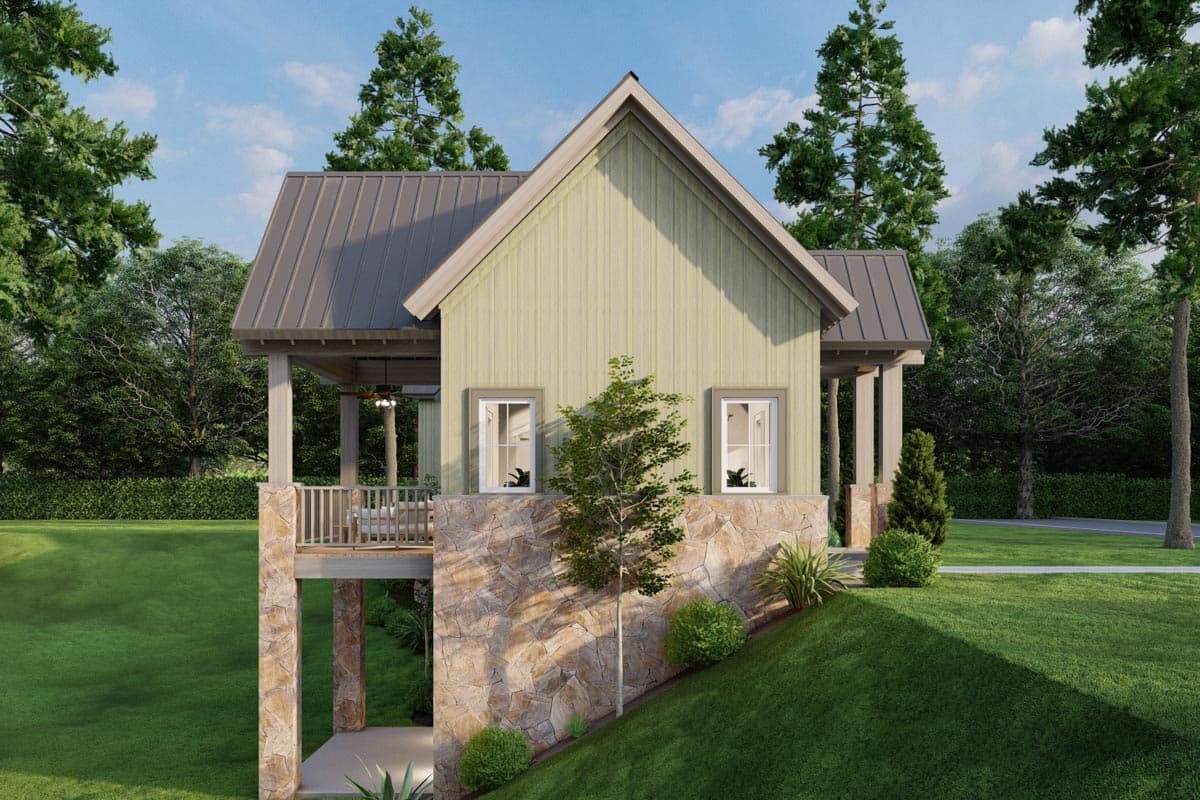 House plan exterior featuring a gabled roof, stone foundation, and covered porch with columns.