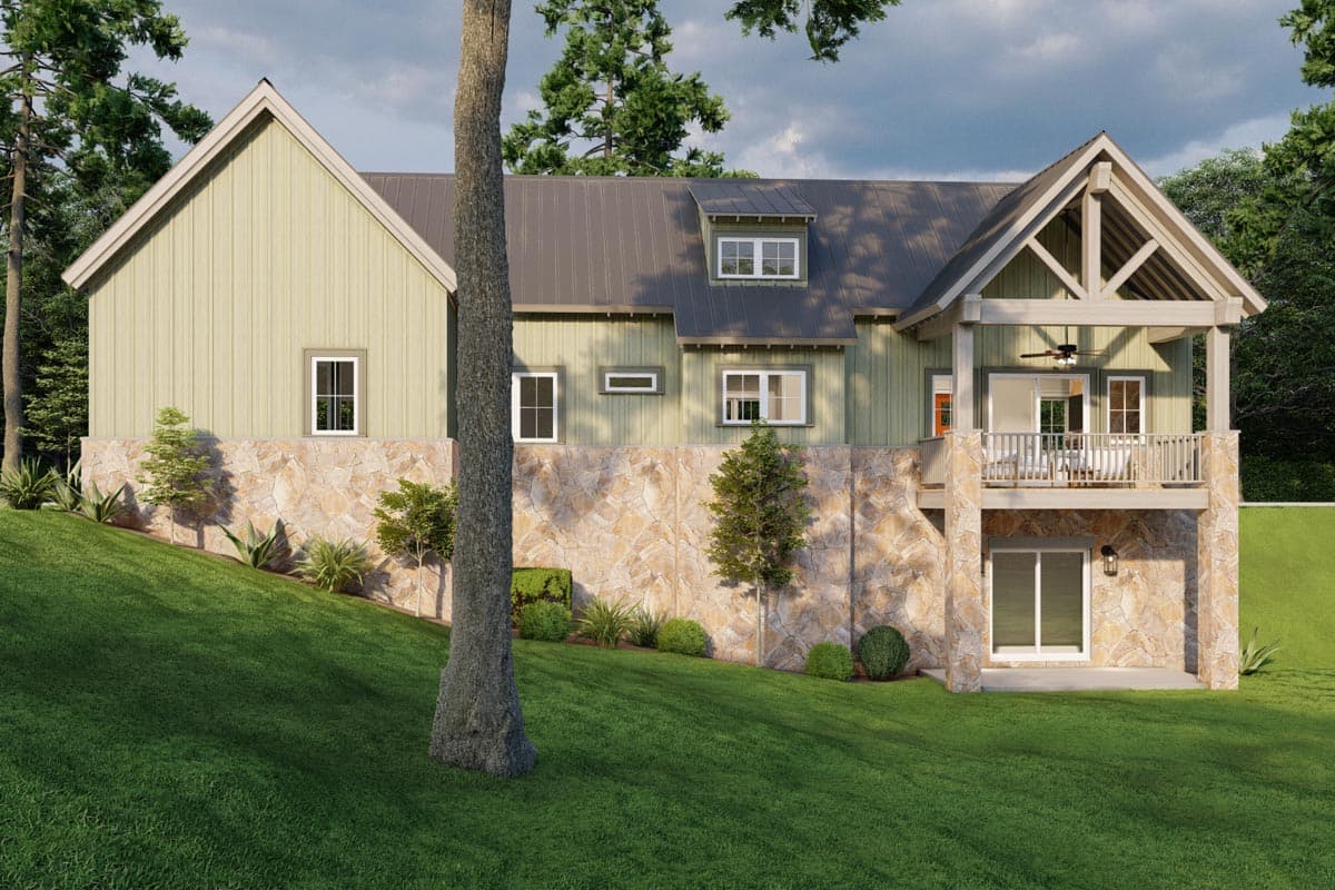 House plan exterior with board and batten siding, metal roof, stone foundation, and covered balcony with exposed beams.