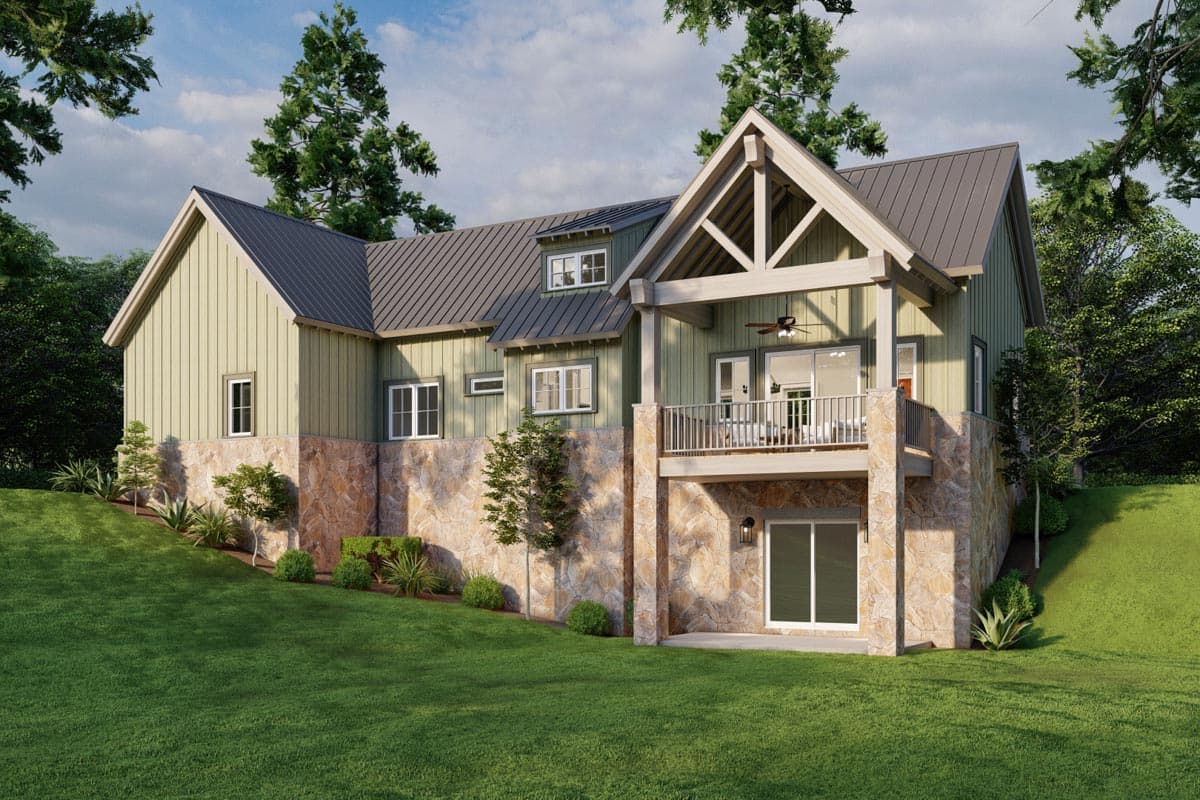 Modern Farmhouse house plan exterior with stone foundation, large gable, metal roof, and covered upper deck.