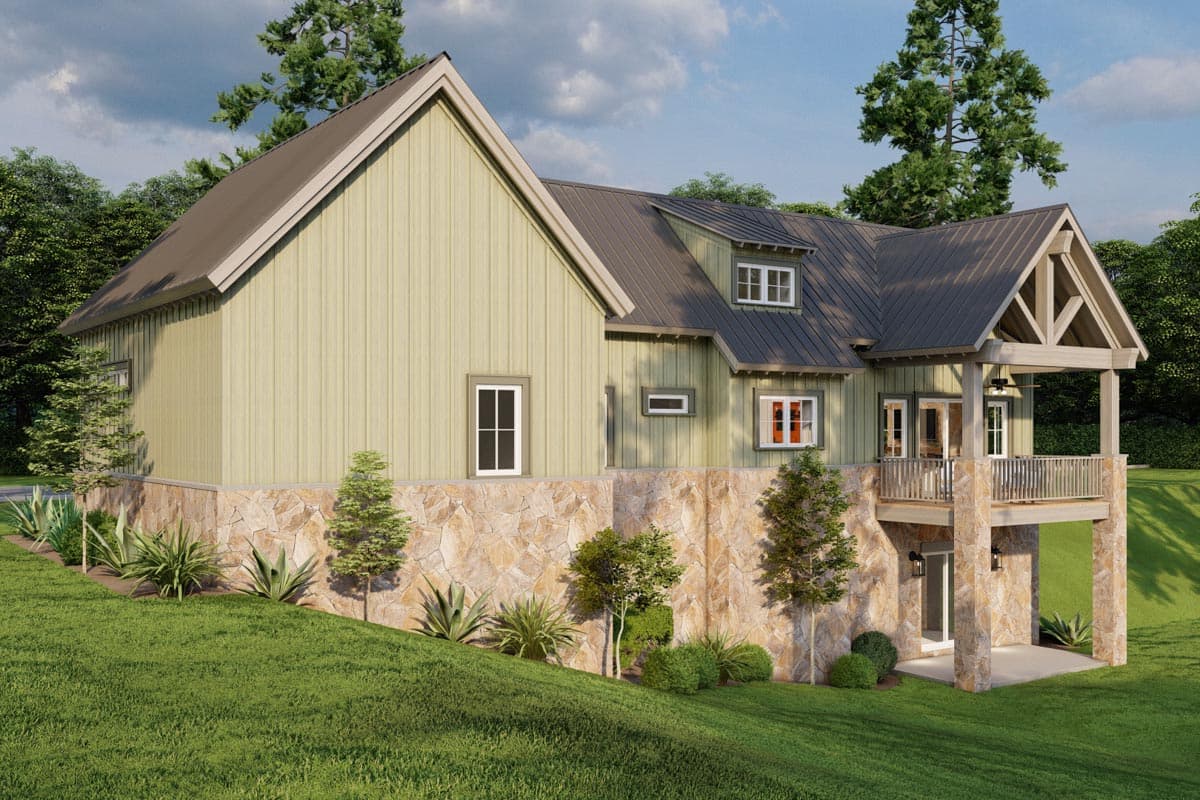 House plan exterior: Two-story Modern Farmhouse with metal roof, prominent gable, stone foundation, and covered porch.