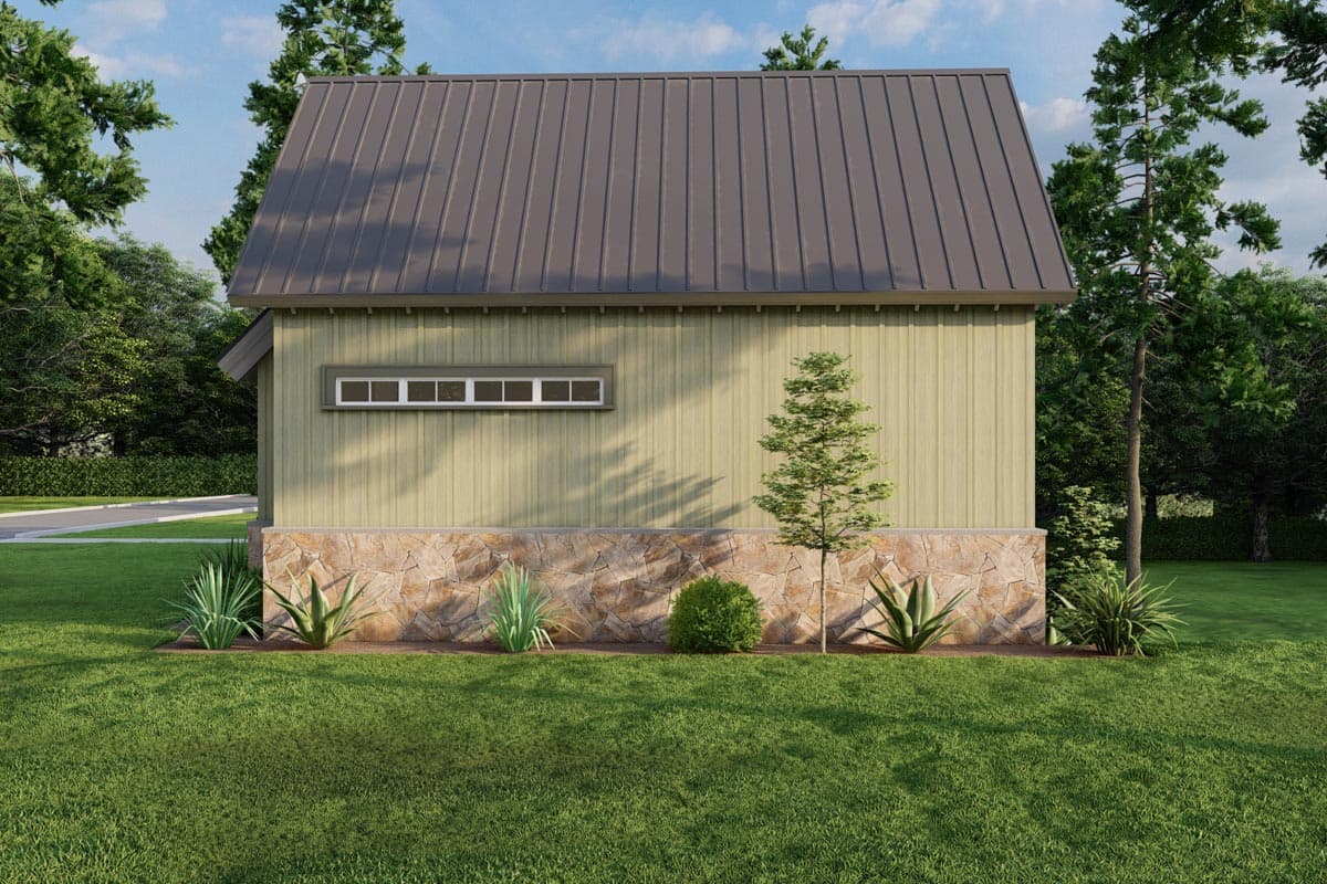 House plan exterior: single story with gable roof, horizontal siding, stone wainscoting, and a long horizontal window.