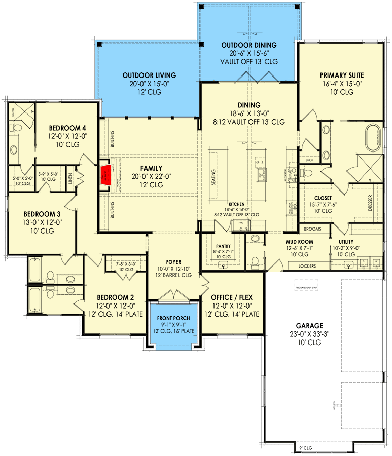Plan 818057JSS: New American Single-Story Home Plan with Access to Laundry Room from Primary Closet - Floor Plan - Main Level - Acadian, Country, European, New American, Transitional