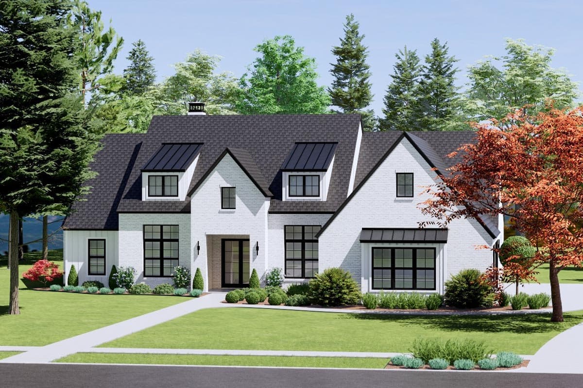 House plan exterior: Two-story Modern Farmhouse with white brick, gambrel roof, dormers, and large grid windows.