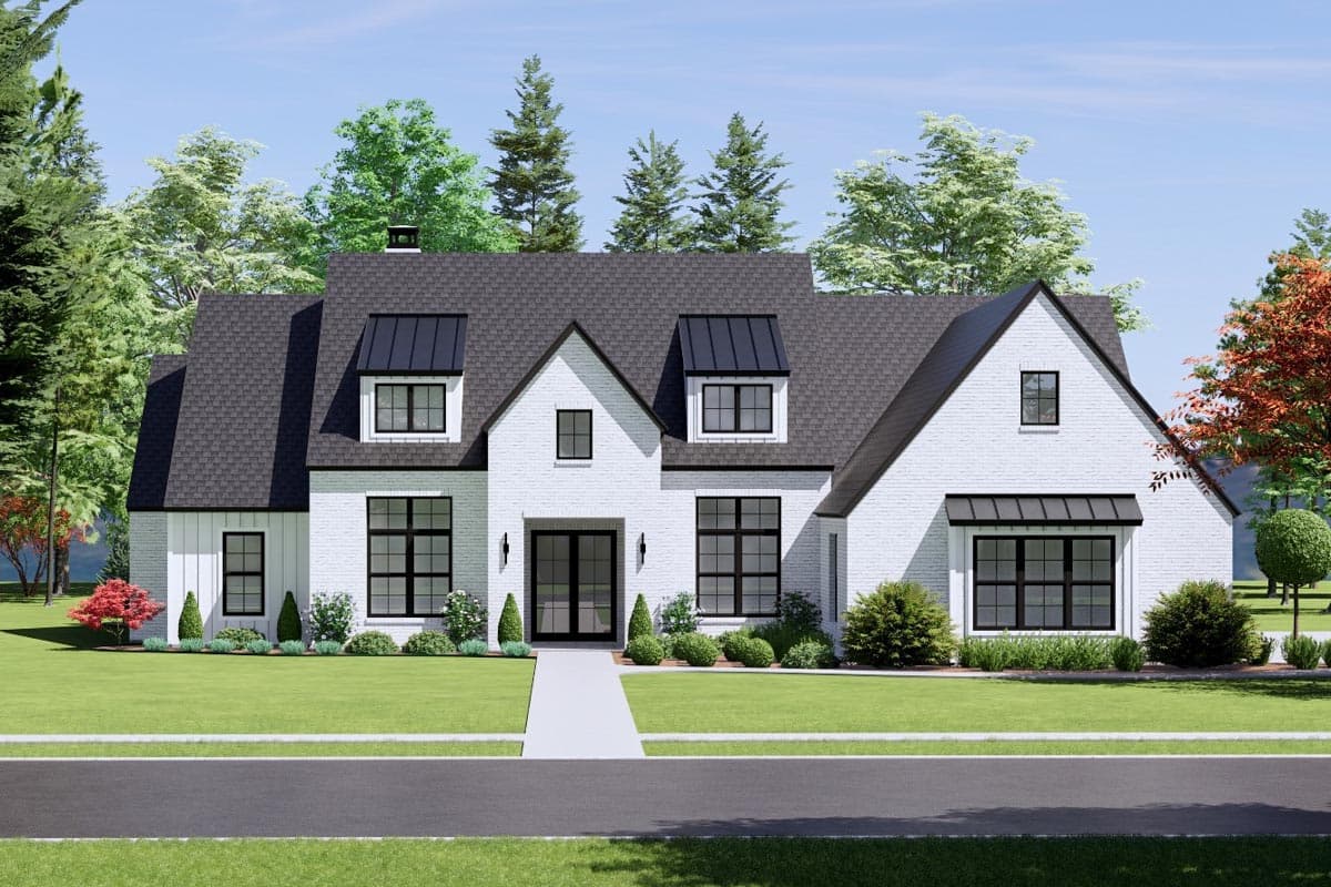 House plan exterior: Modern Farmhouse style, two stories, white brick, prominent gables, mansard dormers, and board and batten siding.