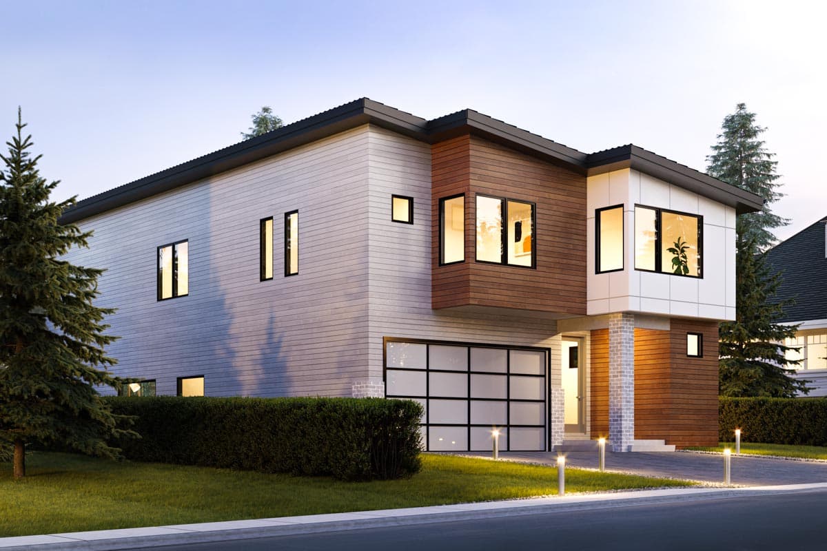 Modern house plan exterior: two stories, horizontal siding, wood and white paneling, and a glass garage door.