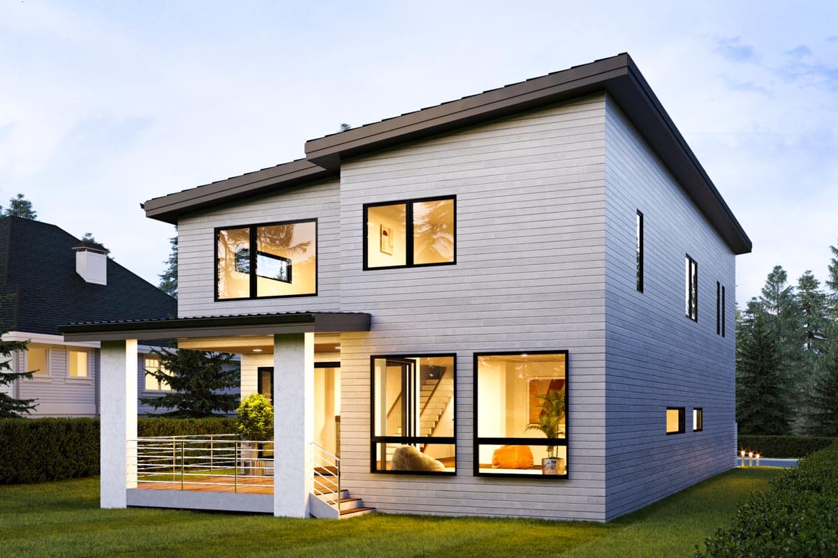Modern two-story house plan exterior with a covered porch, horizontal siding, and large dark-framed windows.