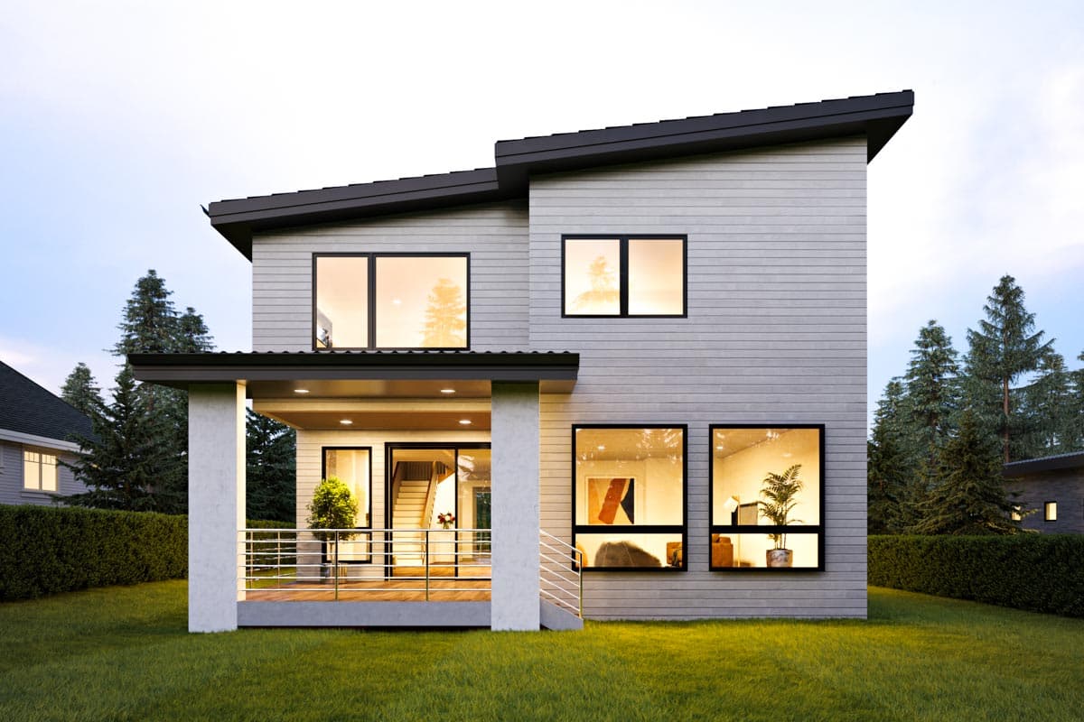 Modern two-story house plan exterior with lap siding, asymmetrical gables, a covered porch, and large windows.