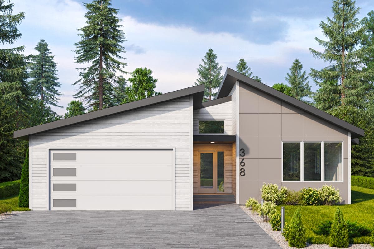 House plan exterior. Modern style with a single story, flat roof, and attached garage. Includes a covered entryway and large windows.