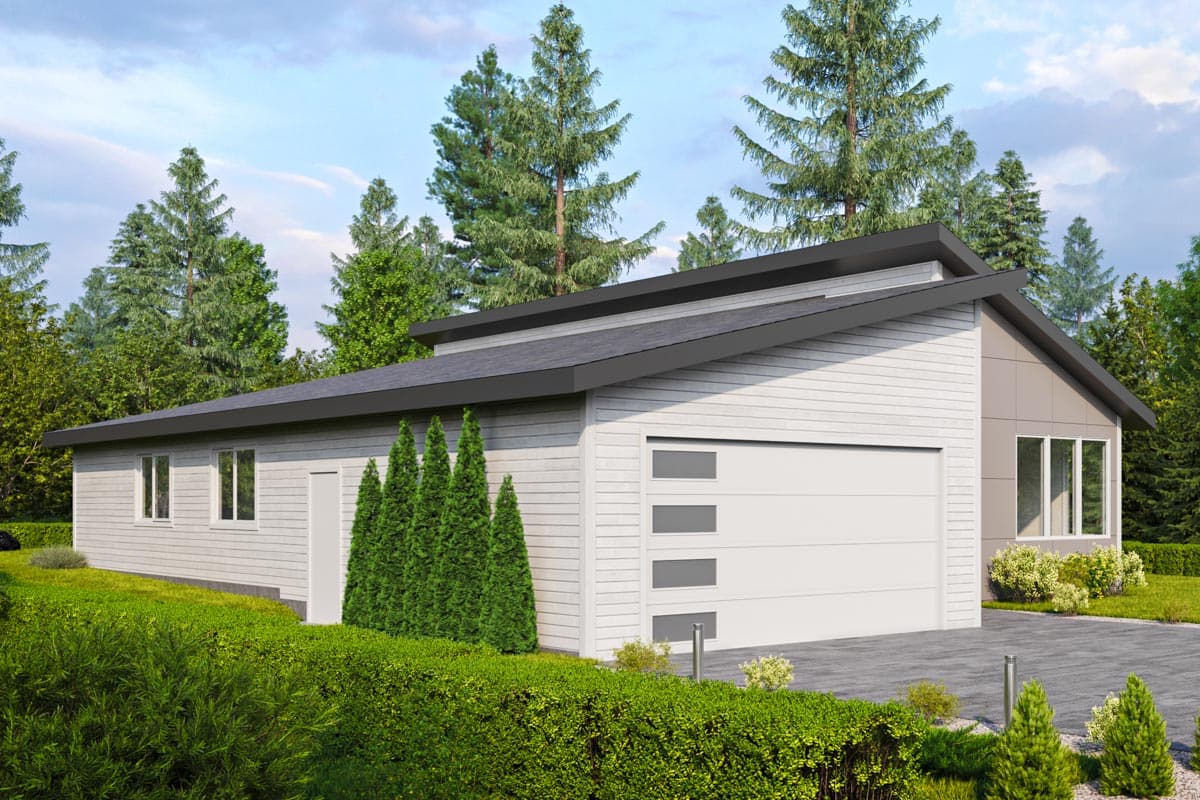 Modern ranch house plan exterior with a single story, horizontal siding, layered roofline, and attached garage.