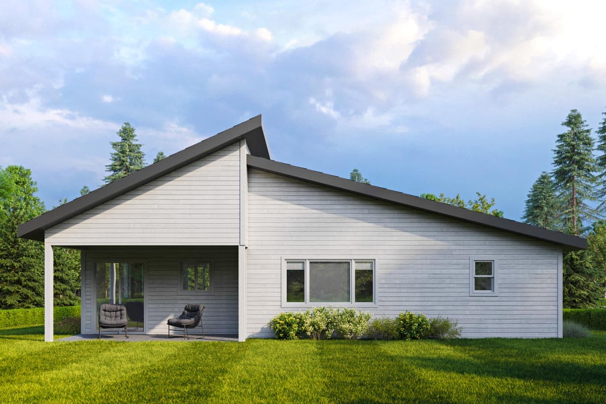 Modern house plan exterior, single-story with a covered porch, large asymmetrical gable roof, and horizontal siding.