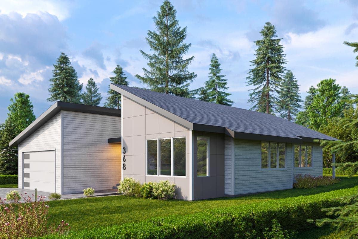 Modern house plan exterior with angled rooflines, horizontal siding, large windows, and attached garage.
