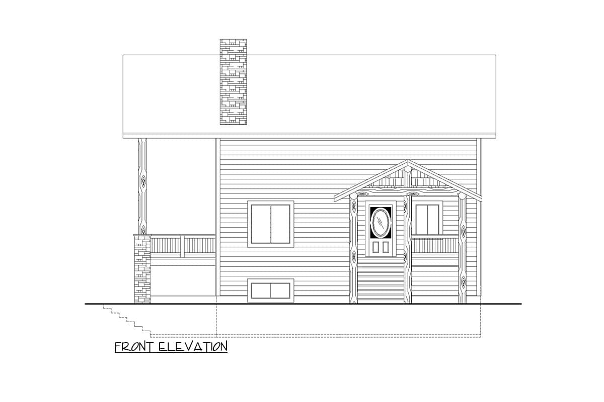 Front elevation drawing of a two-story house plan with a covered front porch, stone chimney, and double front door.