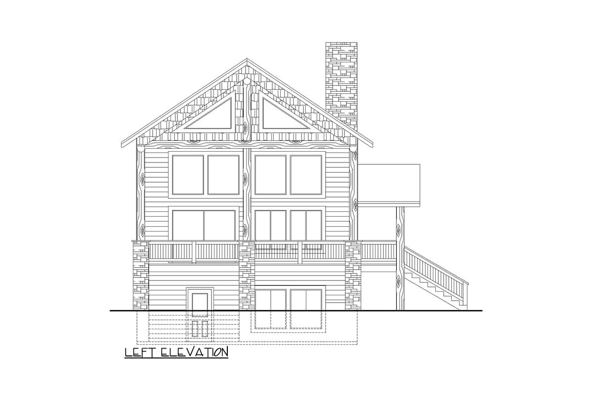 Left elevation drawing of a log-style house plan with a prominent stone chimney, multiple levels of windows, and a covered porch with stairs.
