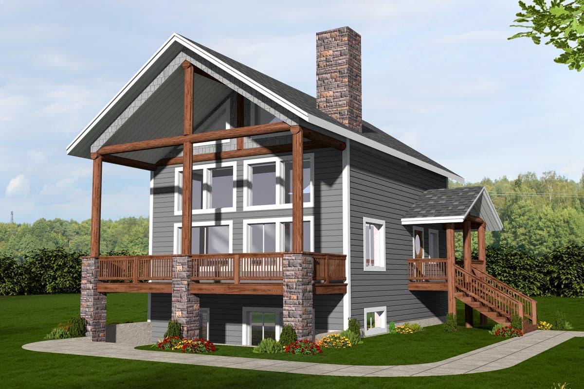 House plan exterior. Two-story with open porch, stone chimney, and gable roof. Includes a smaller side entry with stairway access.