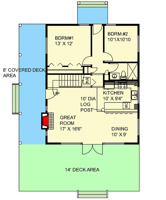 Plan 350018GH: 1,500 Square Foot Cabin with Loft and Wraparound Deck - Floor Plan - Main Level - Cabin, Craftsman, Mountain, Rustic, Traditional