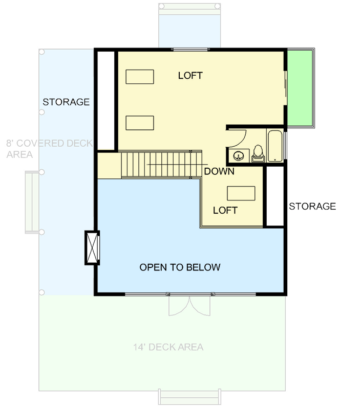 Plan 350018GH: 1,500 Square Foot Cabin with Loft and Wraparound Deck - Floor Plan - 2nd Floor - Cabin, Craftsman, Mountain, Rustic, Traditional