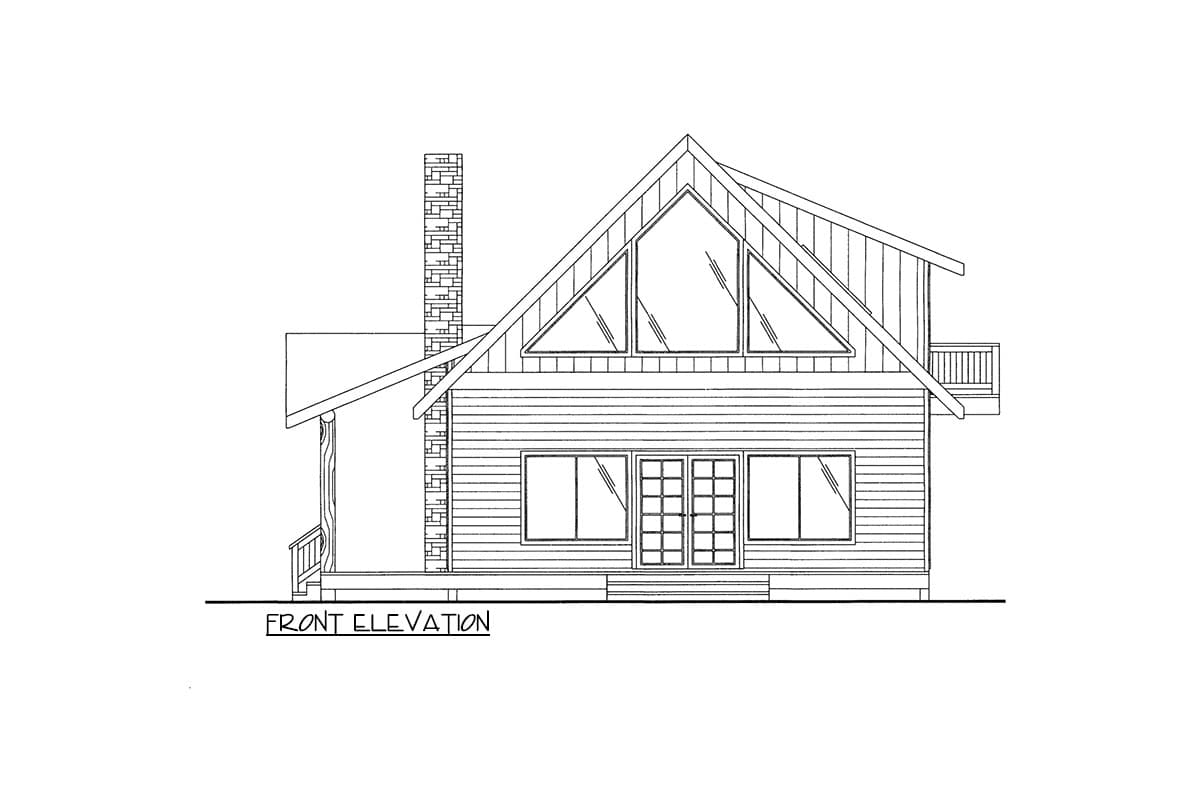 Front elevation house plan featuring a prominent stone chimney, a large gable with triangular windows, and a covered porch.