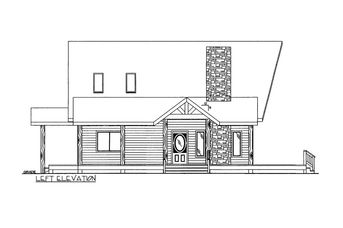 Left elevation of a house plan showing a porch, stone chimney, and varied rooflines. Two dormer windows visible.