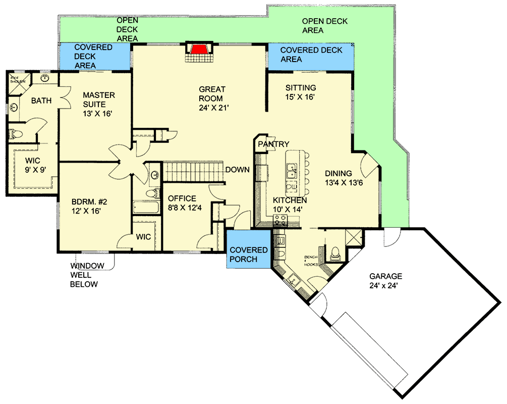Plan 350019GH: Rustic Craftsman Lake House Plan for Rear Sloping Lot - Floor Plan - Main Level - Craftsman, Mountain, Northwest, Rustic