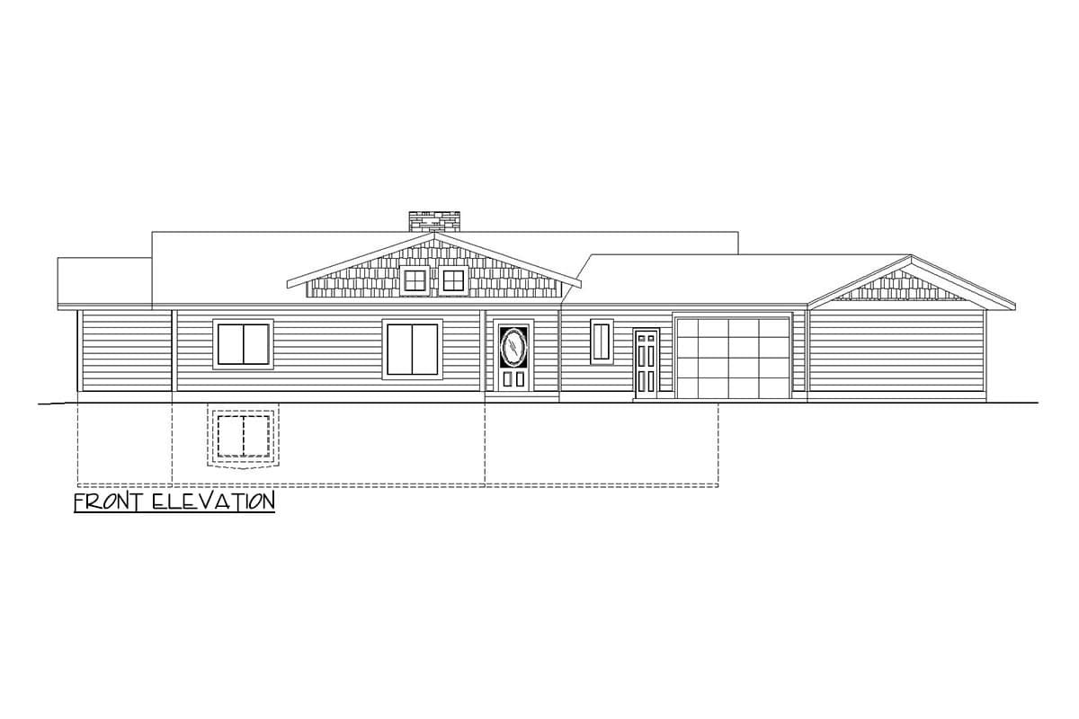 Front elevation drawing of a single-story house plan with a gabled roof, attached garage, and horizontal siding.