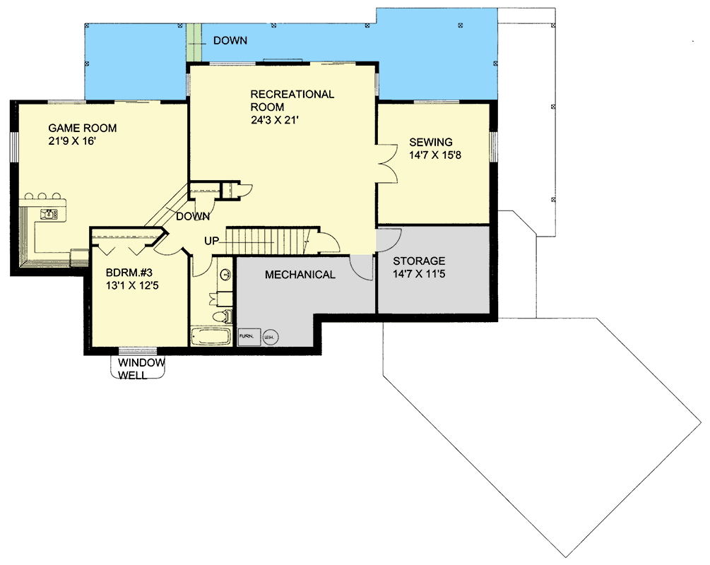 Plan 350019GH: Rustic Craftsman Lake House Plan for Rear Sloping Lot - Floor Plan - Lower Level - Craftsman, Mountain, Northwest, Rustic