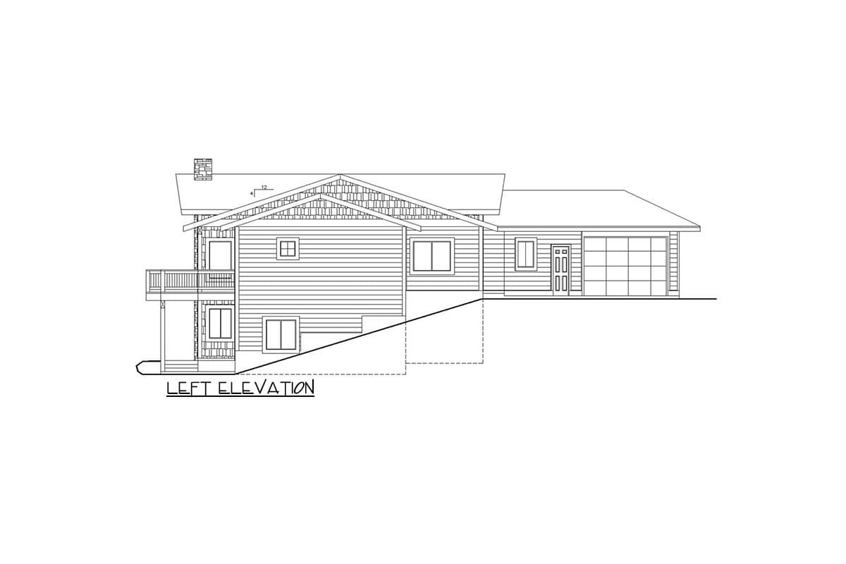 Left elevation house plan showing a multi-level home with a balcony, gabled roof, shingle siding, and an attached garage.