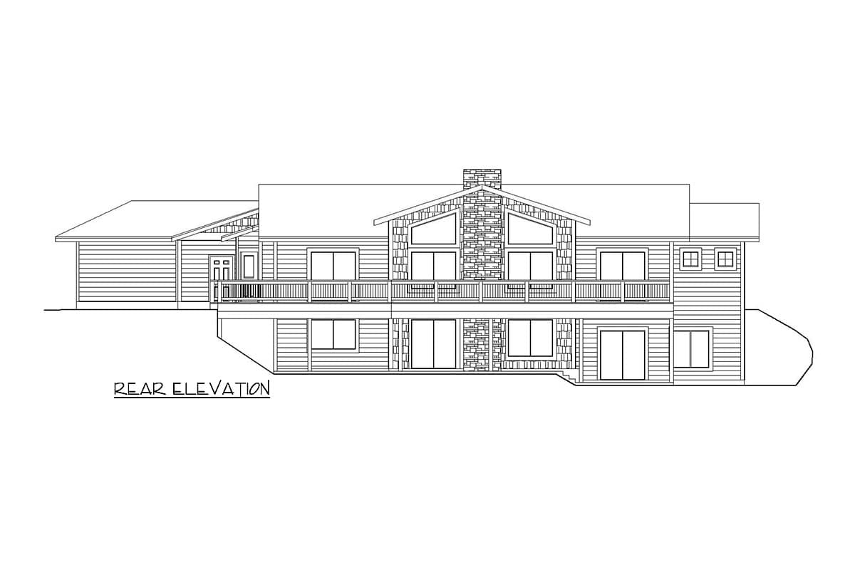 Rear elevation drawing of a house plan with two stories, a prominent stone chimney, and a wraparound deck.