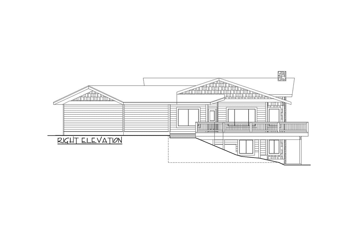 Right elevation drawing of a house plan with siding, gables, deck, and chimney.