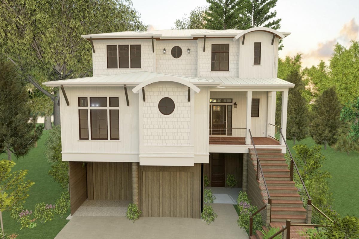 House plan exterior. Two-story coastal-style home with a shingle-clad gable, arched dormers, and a raised entry porch with stairs.