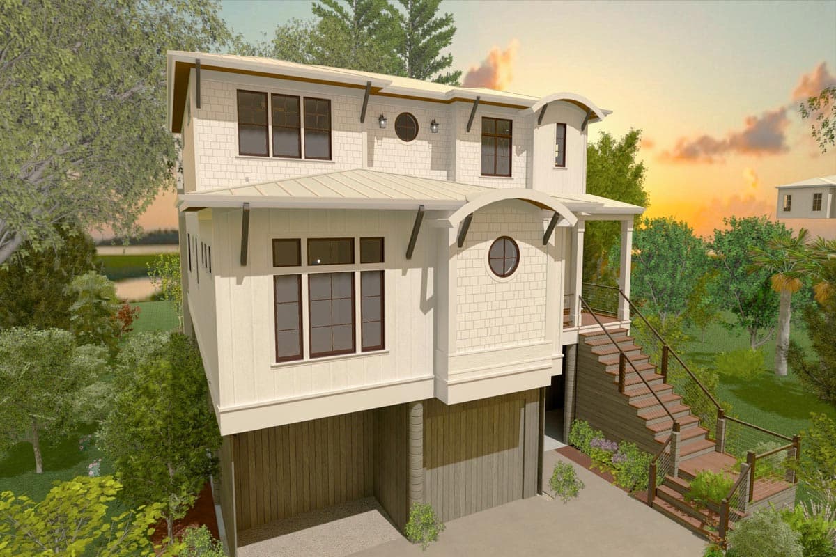 House plan exterior: two-story coastal style home with raised foundation, prominent gables, arched rooflines, and exterior staircase.