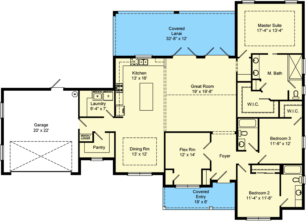 Plan 64333BT: Single-Story Modern Farmhouse Plan with Flex Room and Covered Lanai - Floor Plan - Main Level - Country, Craftsman, Modern Farmhouse, Mountain, New American
