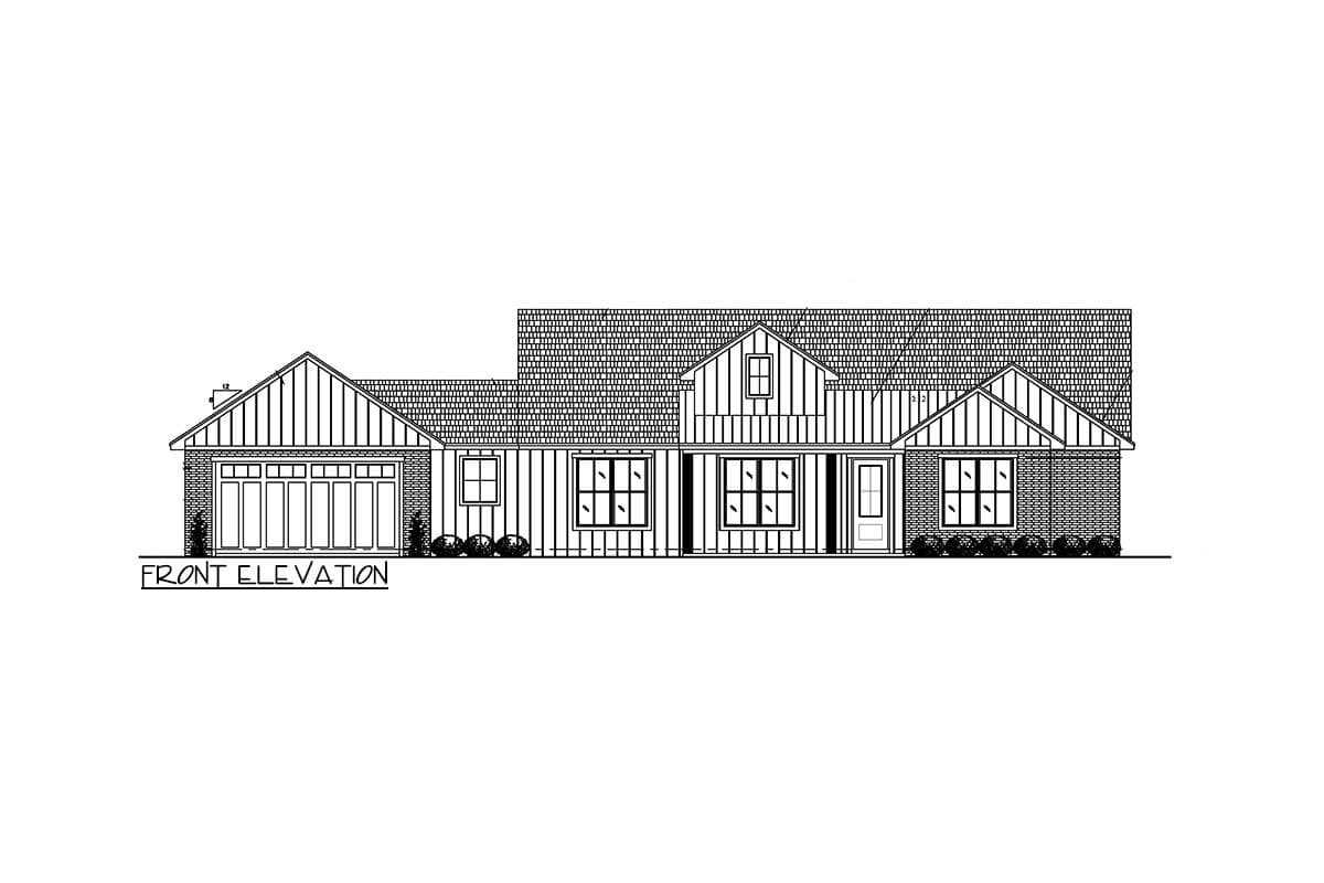 Front elevation of a one-story house plan with a gabled roof, vertical siding, brick accents, and attached garage.