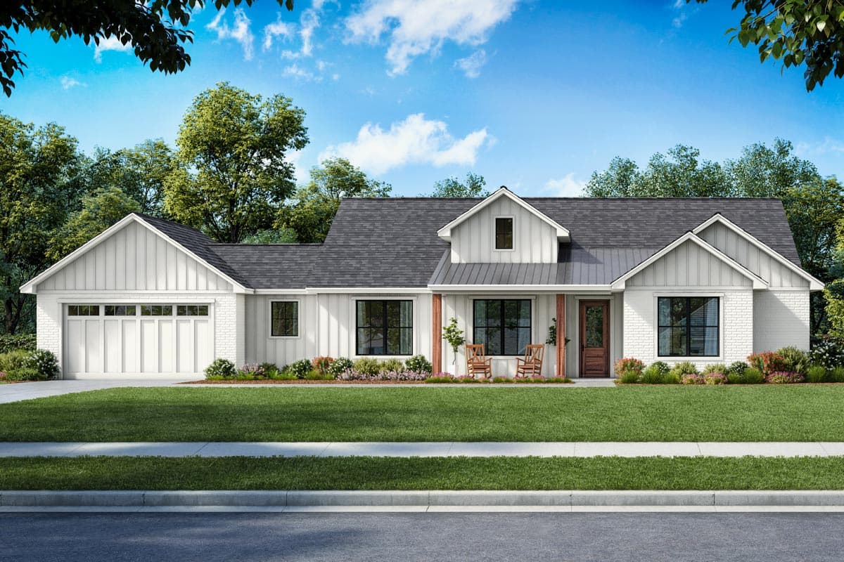 House plan exterior featuring a two-story Modern Farmhouse design. Includes a gable roof, covered porch, and a side-entry garage.