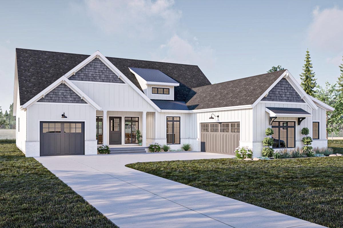 House plan exterior featuring a Modern Farmhouse style with two stories, a front-facing garage, gables, and a covered porch.