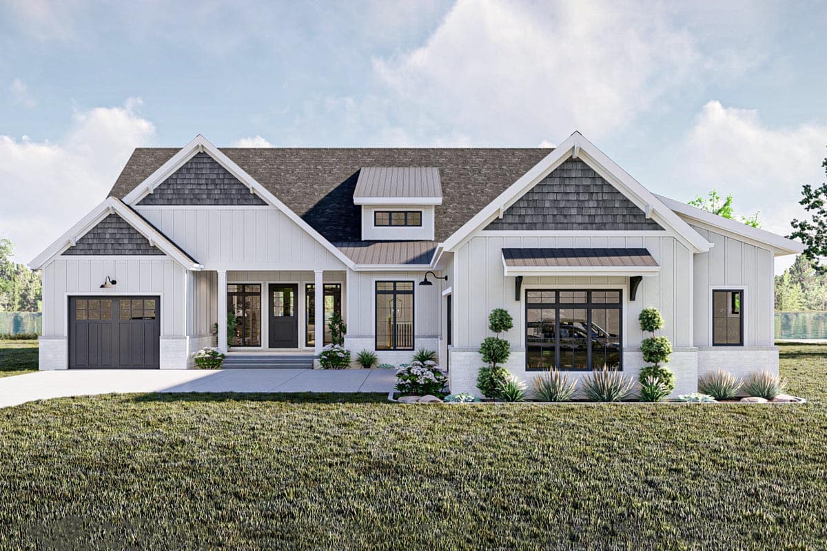 House plan exterior: Single-story Modern Farmhouse with gable roof, dormer, covered entry, and attached garage.
