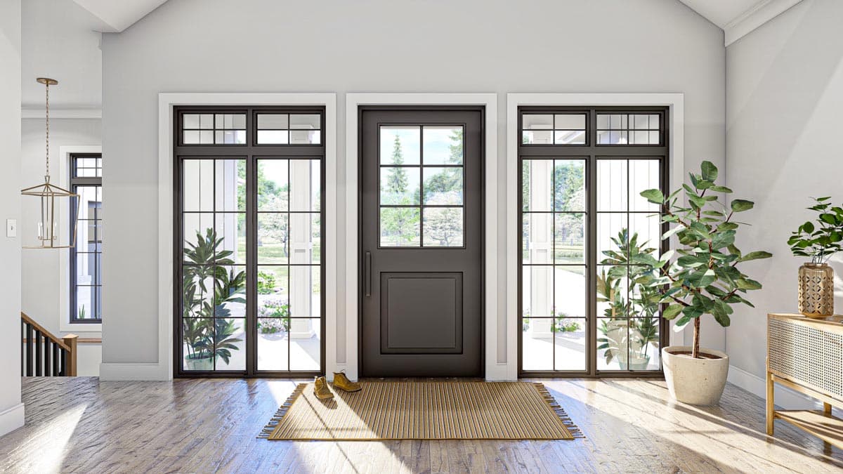 Entrance foyer with dark gray door flanked by tall windows, wood floors, and a contemporary lantern.