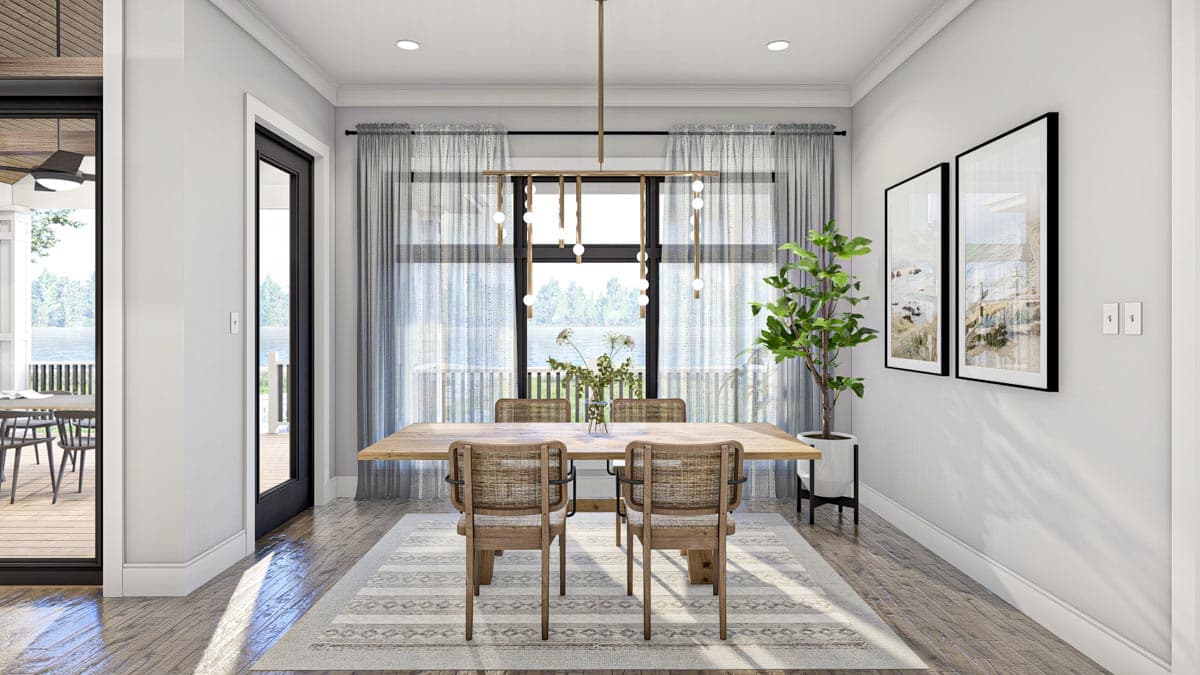 Dining room rendering with large wooden table, woven chairs, modern chandelier, and scenic window view.