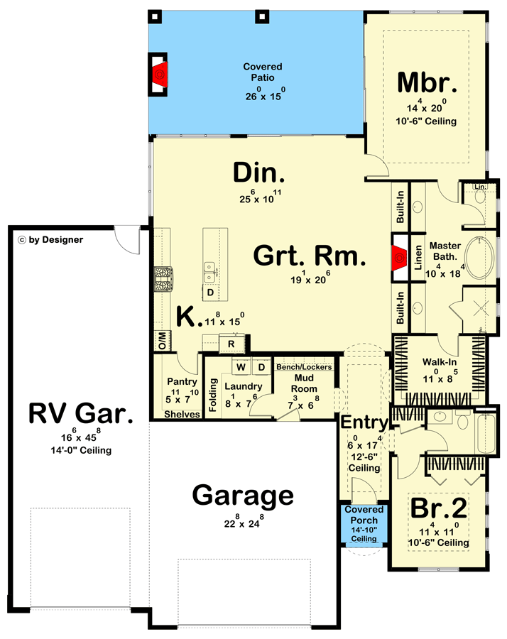 Plan 623238DJ: 2-Bedroom Transitional House Plan with a 2-Car Garage and RV Bay - Floor Plan - Main Level - European, Florida-Style, Mediterranean, Spanish, Transitional