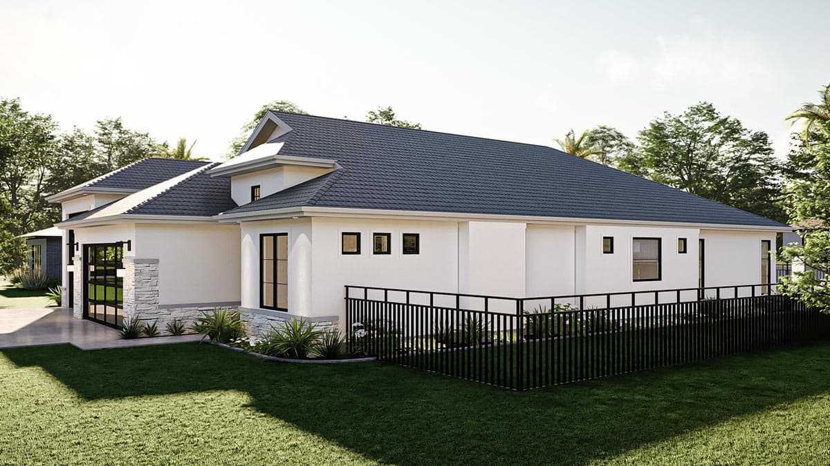 Modern ranch house plan exterior with white stucco, layered rooflines, glass garage door, and accent stone base.