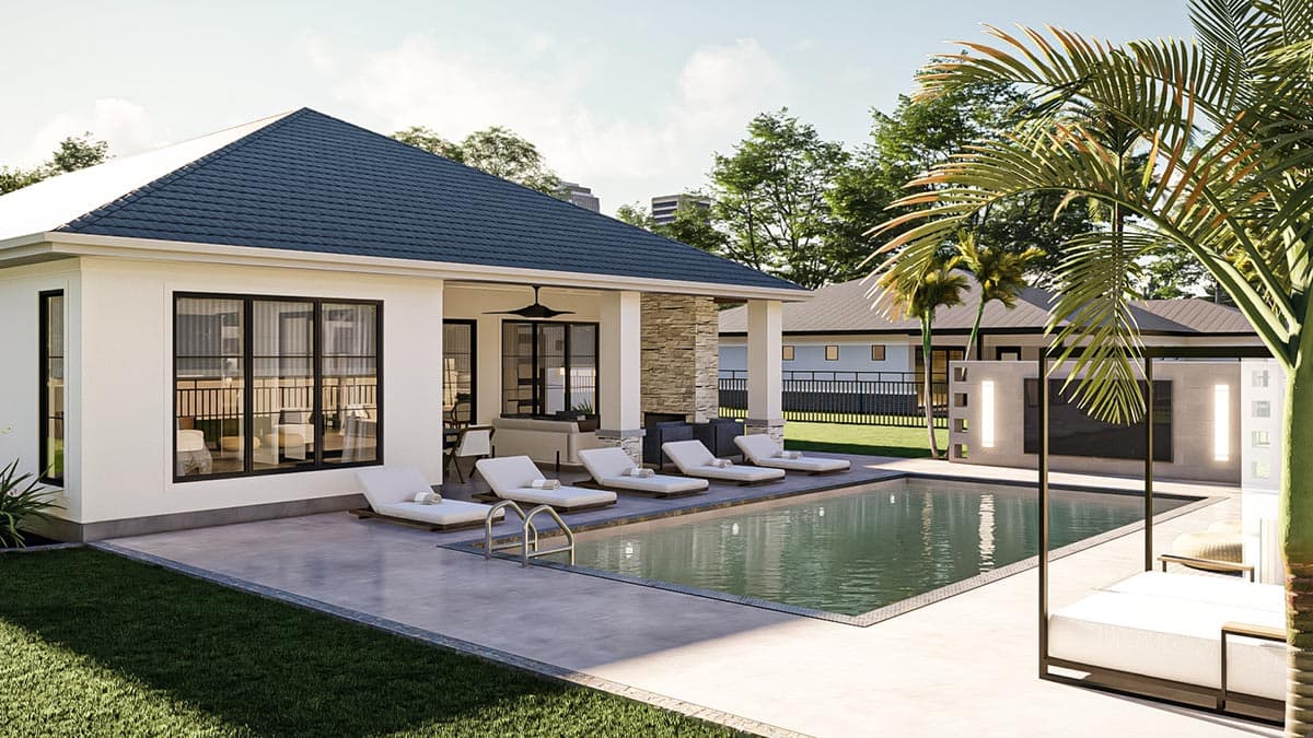 Modern house plan exterior featuring a covered patio with outdoor fireplace, swimming pool, and large windows.