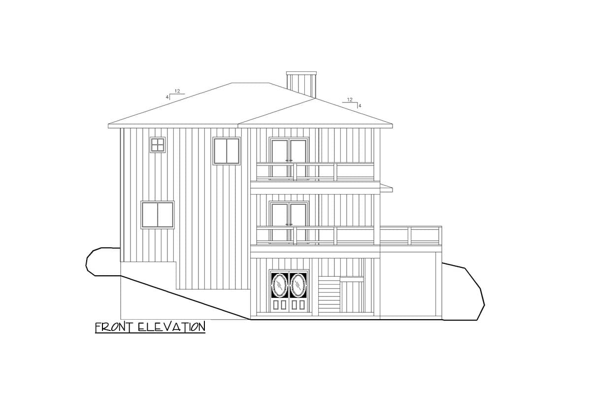 Front elevation drawing of a three-story house with multiple balconies, a prominent chimney, and two distinct entryways.