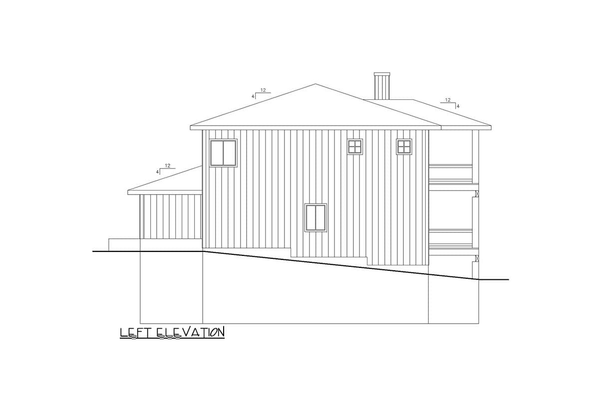 Left elevation drawing of a two-story house plan with a prominent gable roof, vertical siding, and multiple windows.