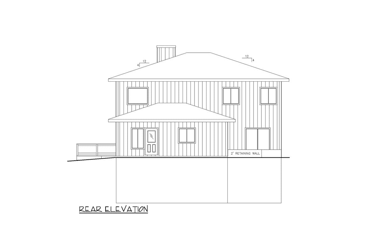 Rear elevation drawing of a two-story house with vertical siding, a sloping roof, a covered porch, and a 2' retaining wall.