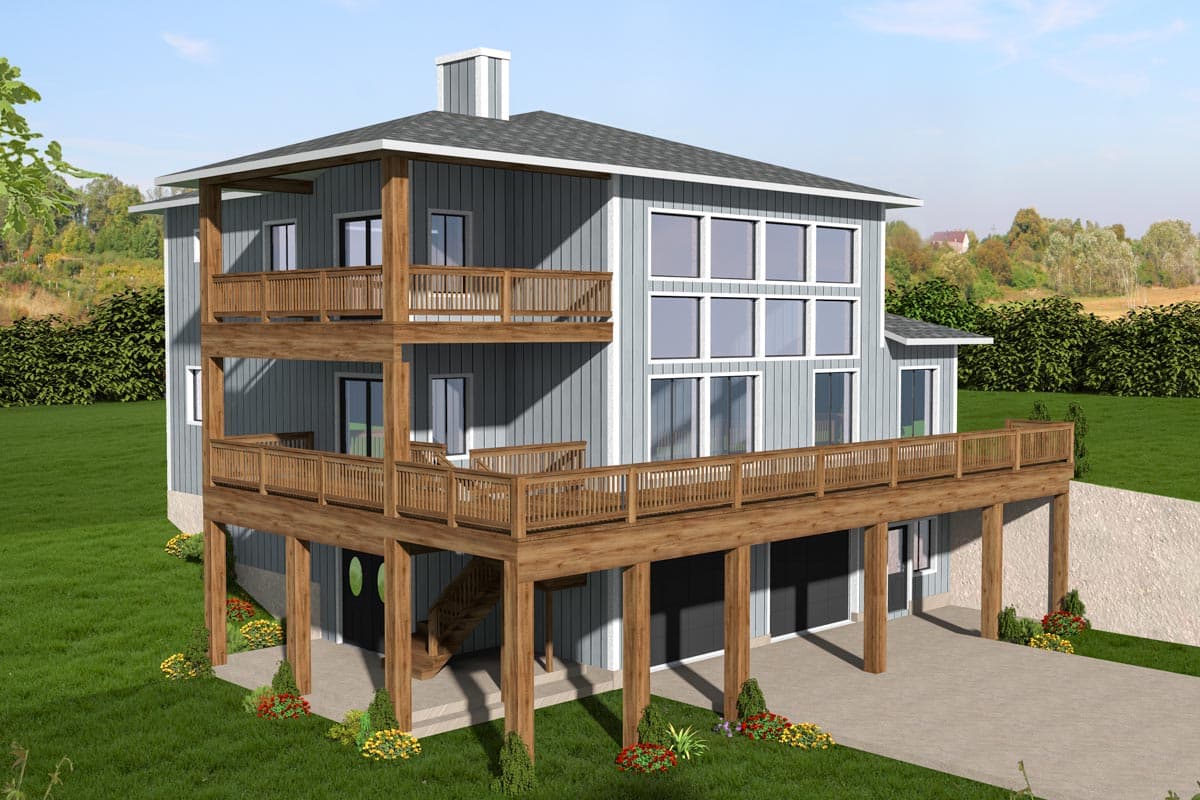 House plan exterior with two stories, featuring a flat roof, decks on two levels, and a multi-pane window design.