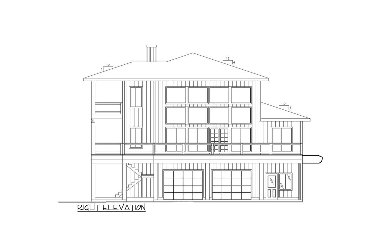 Right elevation house plan with two garages, multiple windows, and balconies.